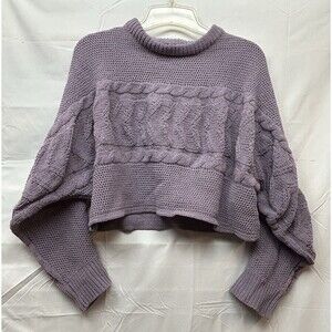 Women’s Large Purple Cable Knit Cropped Sweater Oversized Long Sleeve Crew Neck